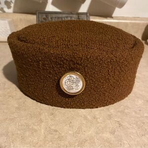 Vintage 40s/50s Wool Pillbox Hat w/ Mother of Pearl Brooch Pin Brown Collectible